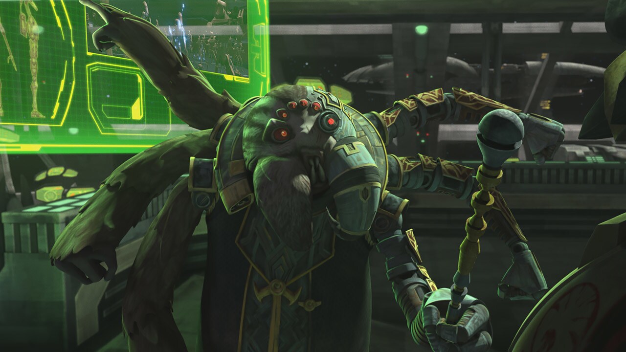 The spider-like Admiral Trench holds a stun-web shooter in one of his cyborg arms.