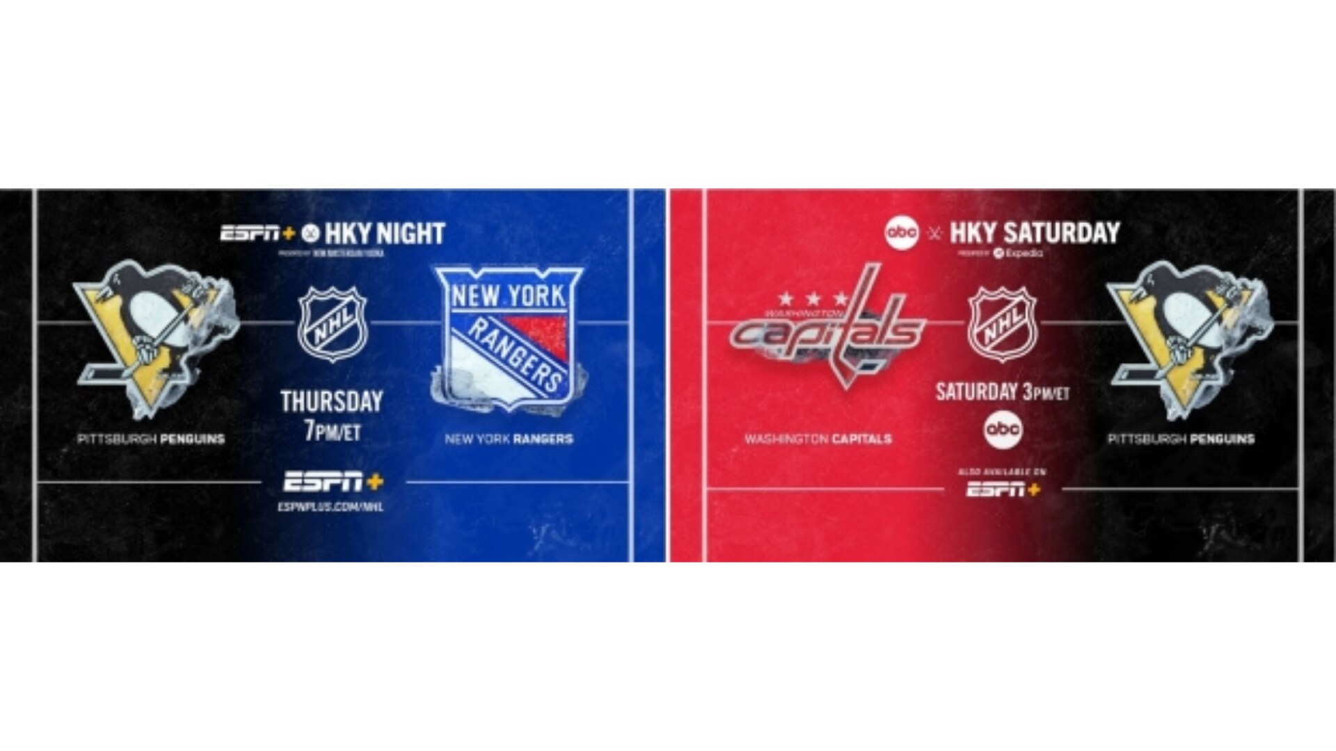 Exclusively on ABC and ESPN+ and Hulu This Week:  The Rush to the Playoffs continue with Five National Hockey League Games on Tuesday, Thursday, Saturday 