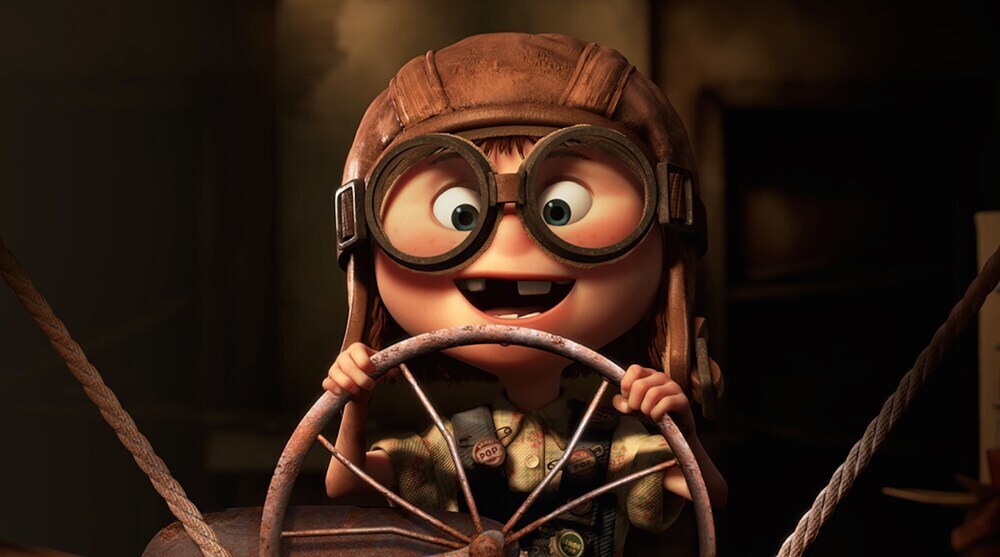 Young Ellie pretending to fly a plane in the animated movie "Up"