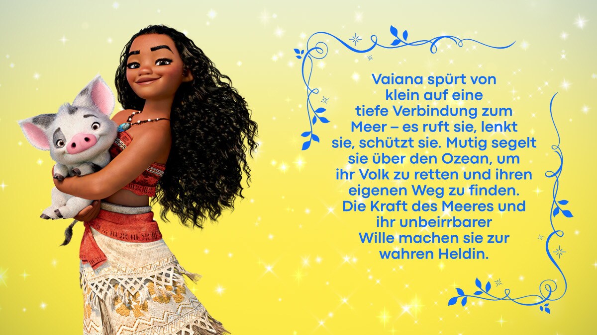 Vaiana und Pua vor einem gelben Hintergrund mit einer Beschreibung über Prinzessin Vaiana