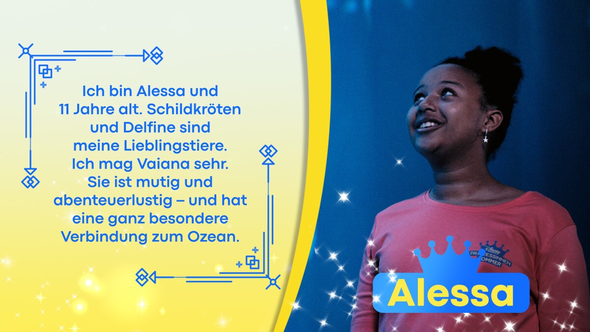 Gewinnerkind Alessa vor einem großen Aquarium mit einer Beschreibung über sie selbst