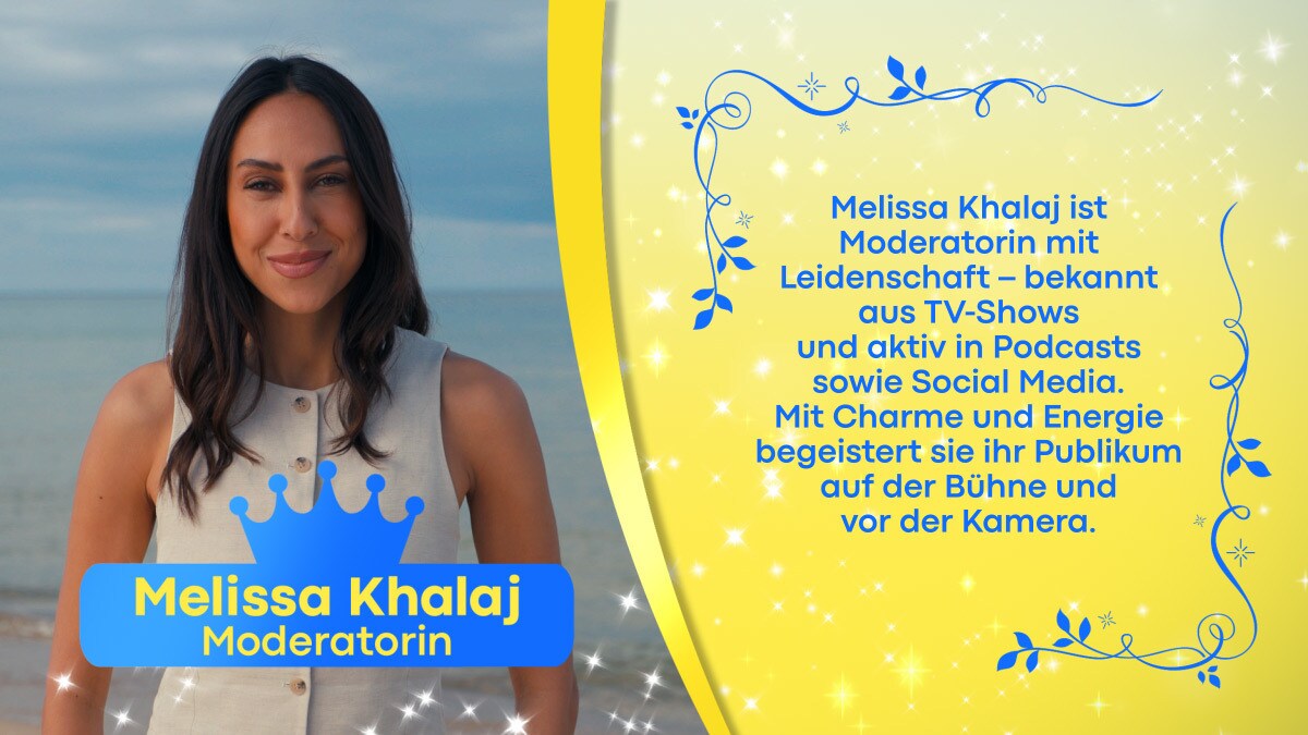 Moderatorin Melissa Khalaj am Ostseestrand und einer Beschreibung über sie selbst