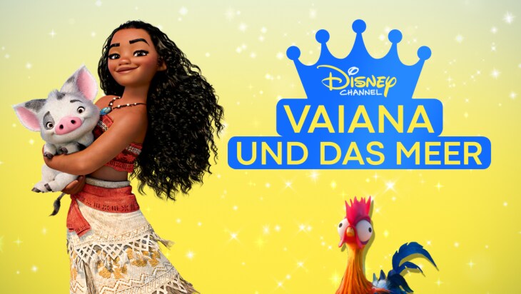 Vaiana, Pua und Heihei vor einem gelben Hintergrund mit dem Disney Channel Prinzessinnen Sommer Logo