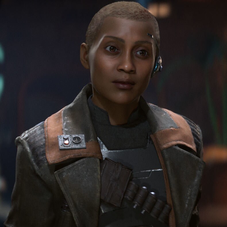 Vail Tormin with short hair and armored dark jacket in an official Star Wars Outlaws portrait