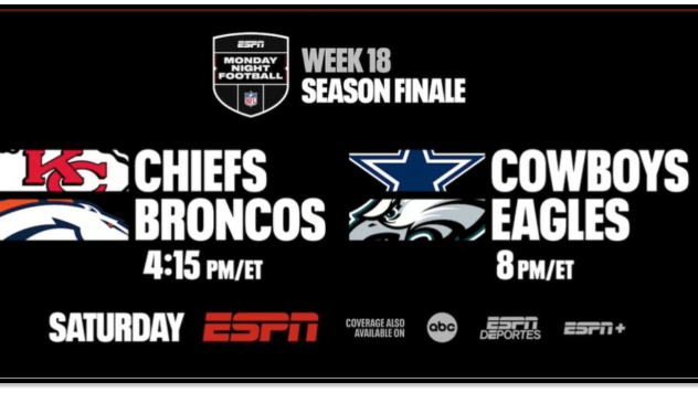 Monday Night Football: Saturday Doubleheader to Kick Off NFL’s Week 18 Season Finale: Chiefs at Broncos and Cowboys at Eagles on ESPN, ABC, ESPN+ and ESPN Deportes