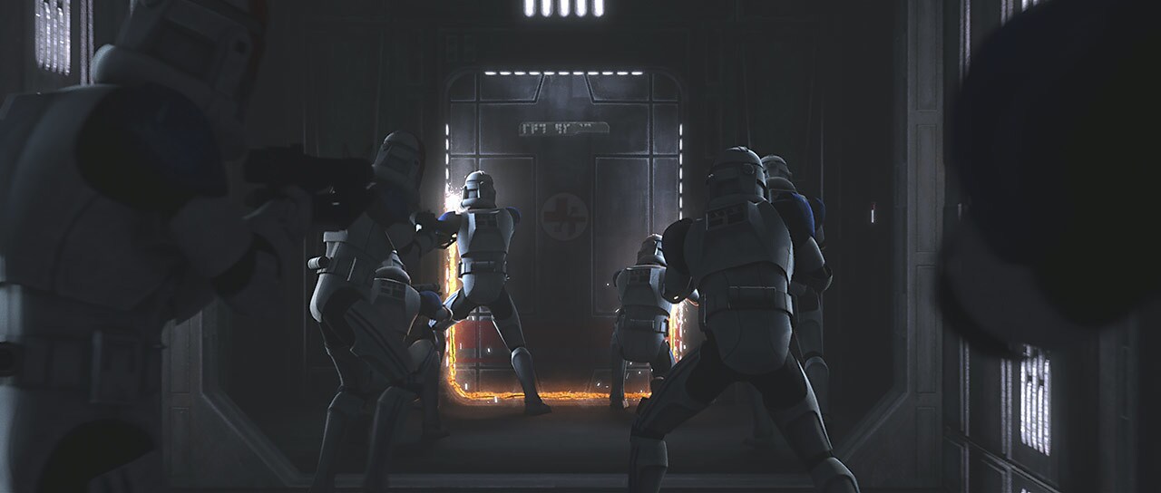 Though the droids have resealed the door to the medical bay, clones still try to break through. R...