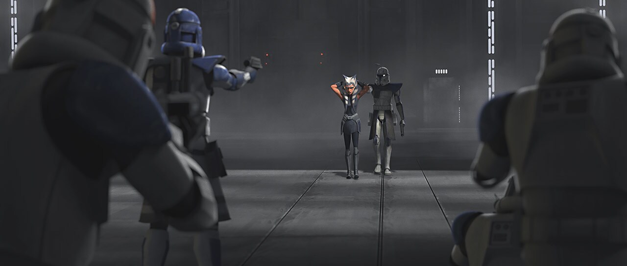 Soon, Rex leads Ahsoka into the hangar as if she's his prisoner. The clones ready their weapons w...