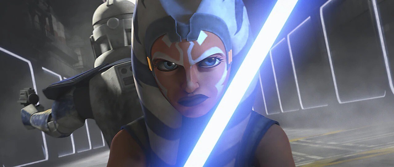 Ahsoka Tano with a lightsaber in The Clone Wars