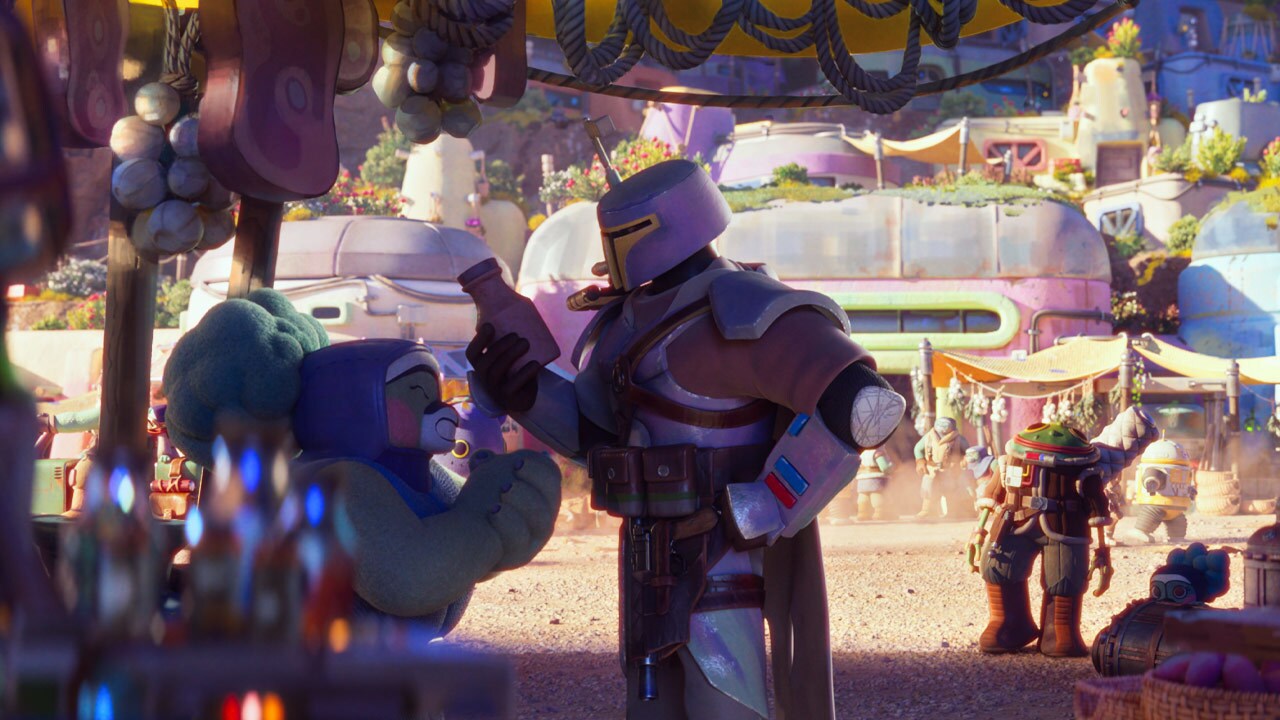 It appears that Korba attracts all kinds of visitors! Look out for a purple-armored Mandalorian shopping in the marketplace as Aau heads to work.