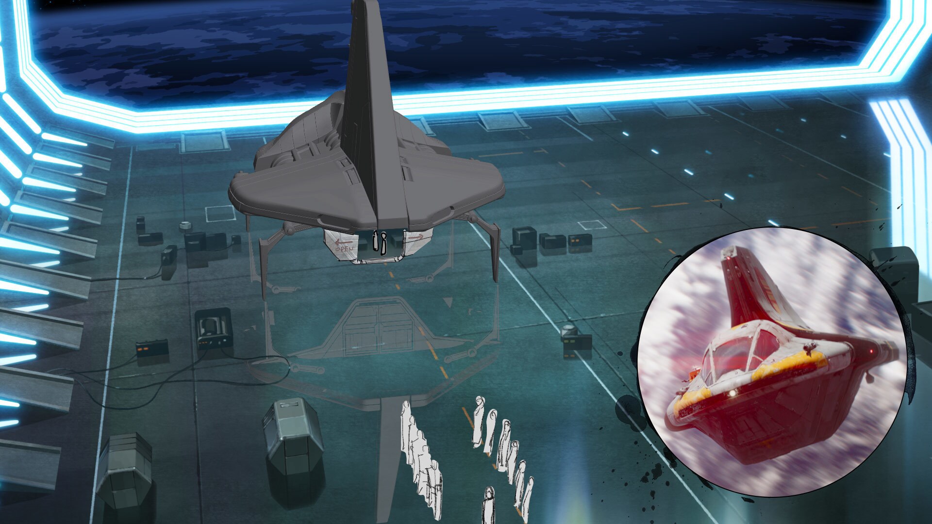 The ship that carries F to safety was inspired by the Phantom II, the second shuttle on the Ghost in Star Wars Rebels and Ahsoka.