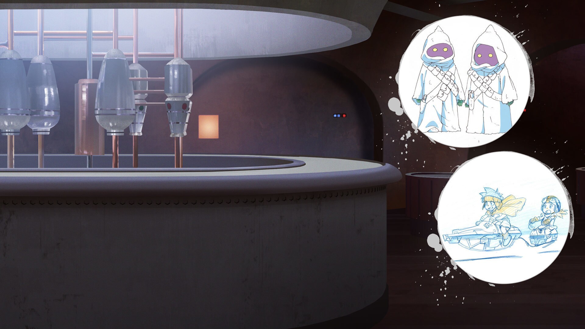 Among the nods to the original Star Wars film, designers incorporated a Jawa on a ronto, an Ubrikkian landspeeder, and the Mos Eisley cantina.