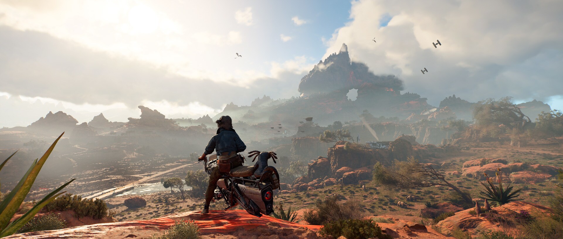 An in-engine screenshot of Kay and Nix overlooking the sprawling landscape of Toshara.
