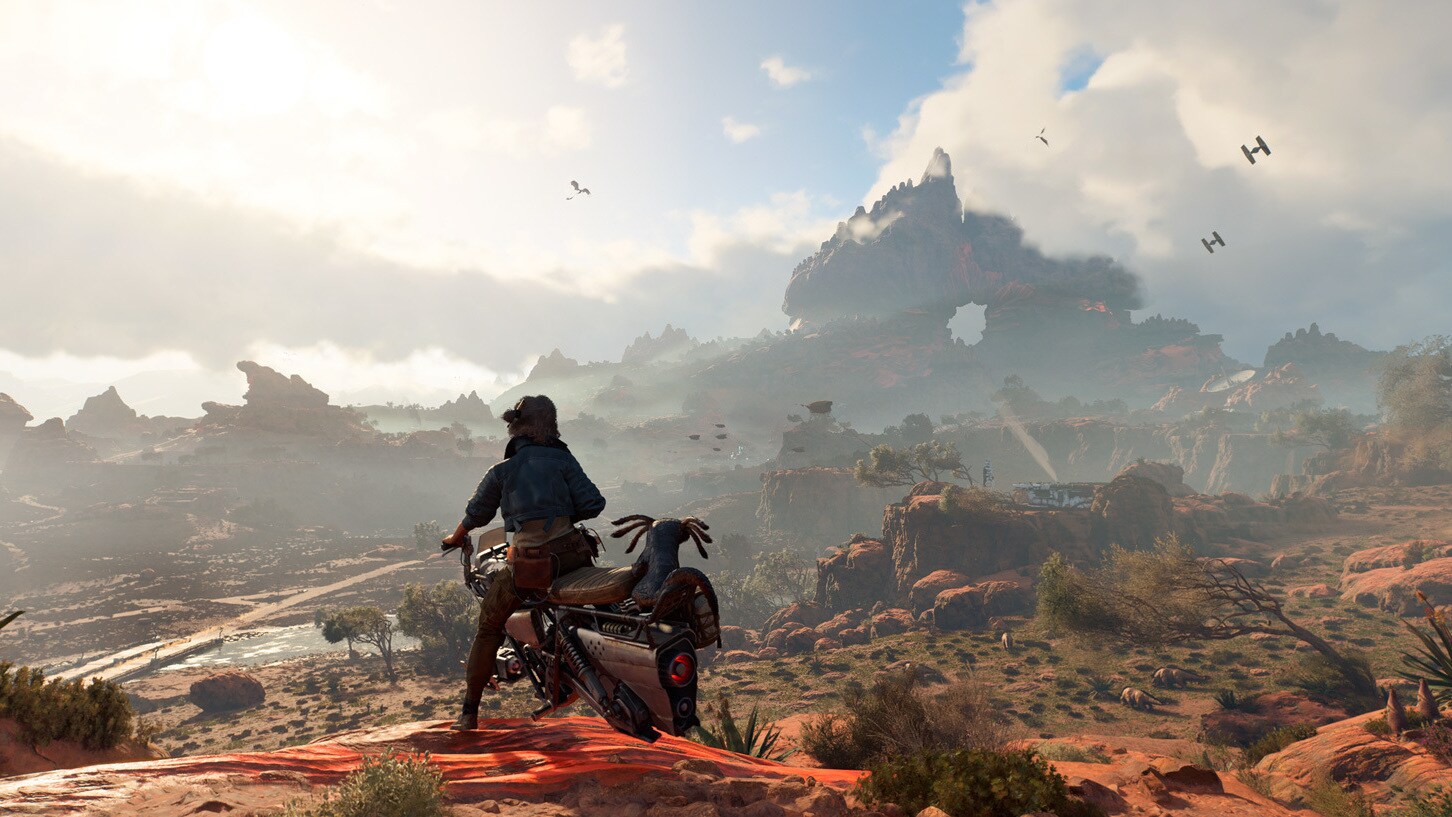 An in-engine screenshot of Kay and Nix overlooking the sprawling landscape of Toshara.