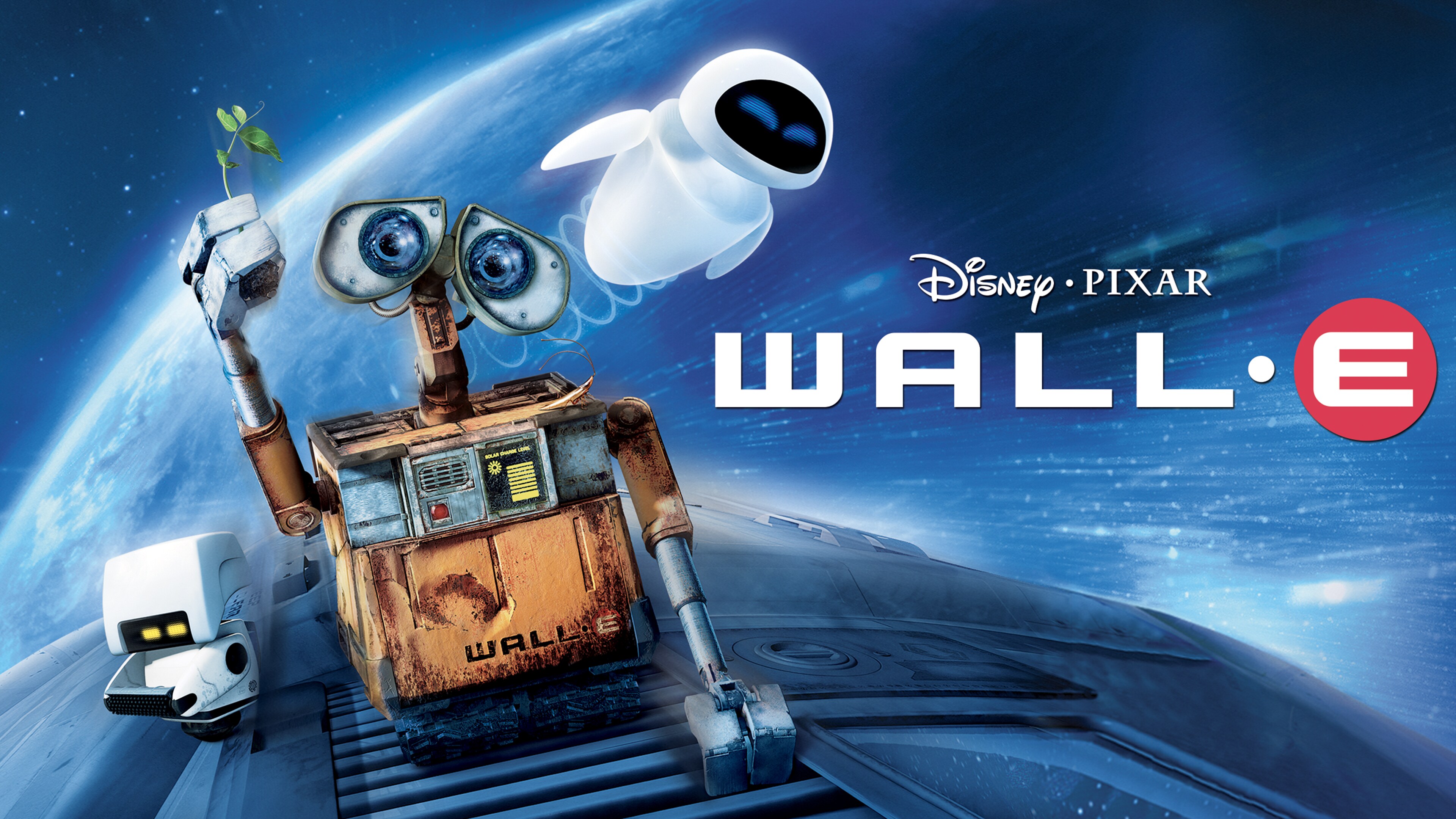 WALL•E holds the plant he found as EVE flies by on the film's poster