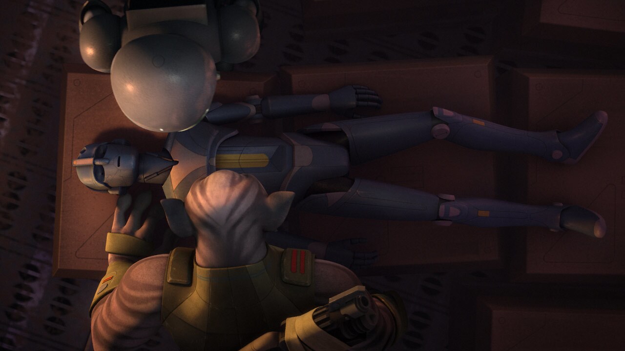 Zeb, AP-5, and Chopper discover the droid and reactivate it.