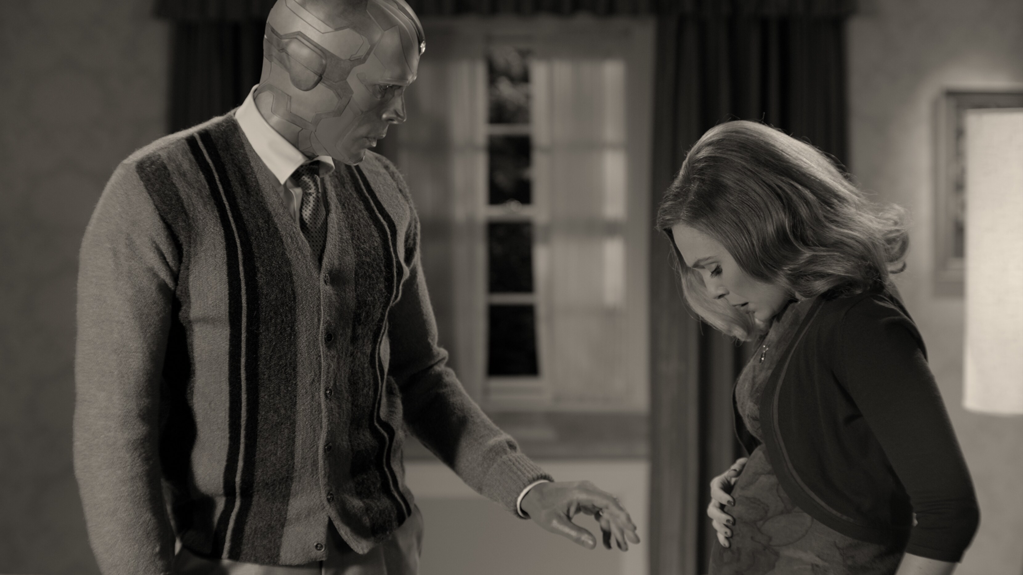 Paul Bettany as Vision and Elizabeth Olsen as Wanda Maximoff in Marvel Studios' WANDAVISION exclusively on Disney+. Photo courtesy of Marvel Studios. ©Marvel Studios 2020. All Rights Reserved.