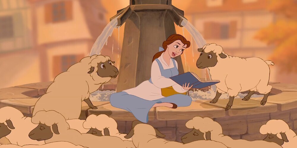 Belle reading to sheep from the film "Beauty and the Beast"
