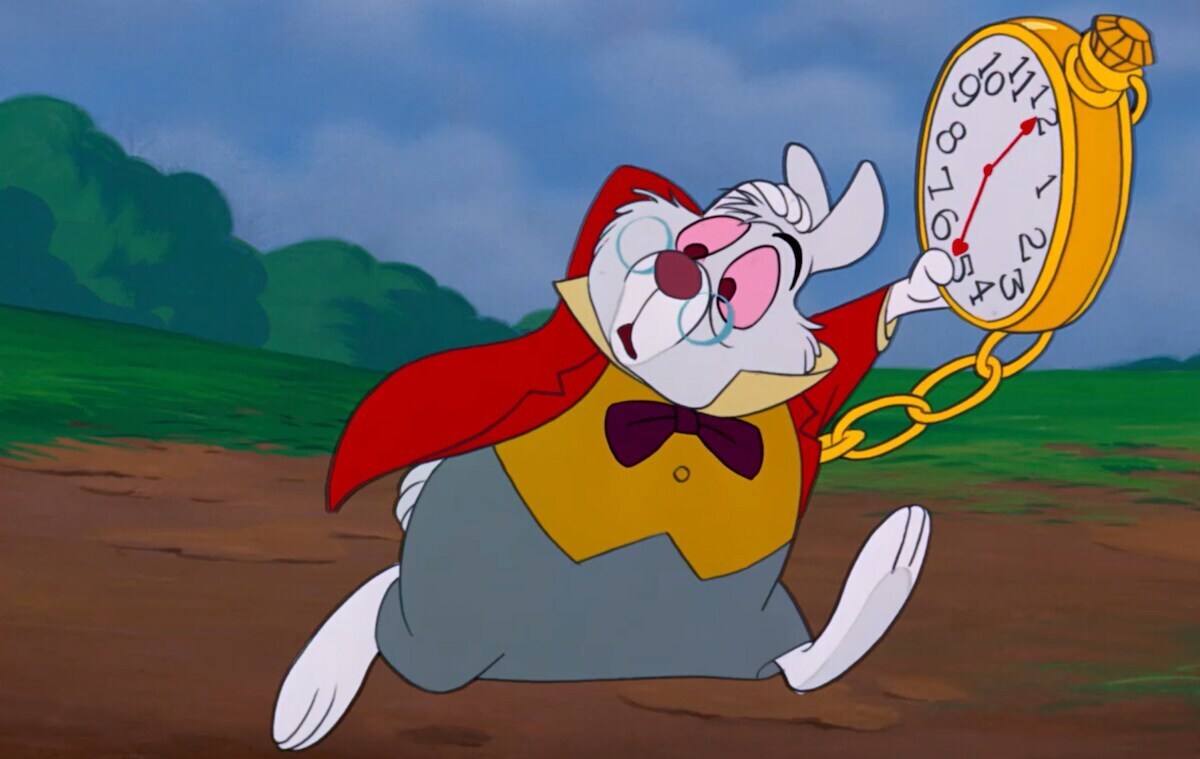 The White Rabbit and his pocket watch from the animated movie "Alice in Wonderland"