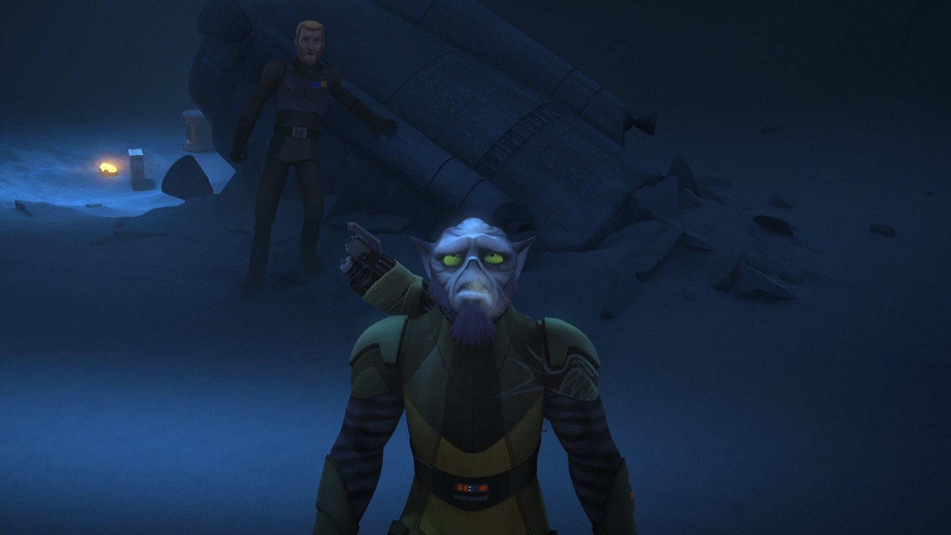 Agent Kallus and Zeb are stranded together on a Geonosian moon.