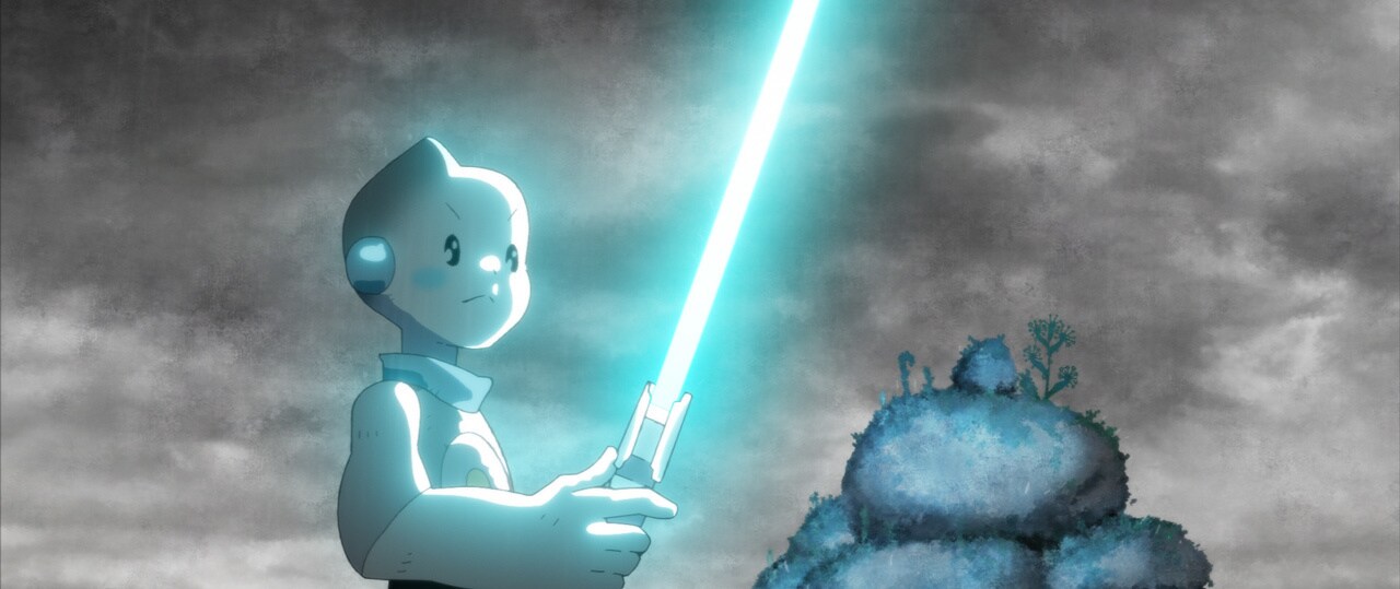 T0-B1 holds an ignited lightsaber.