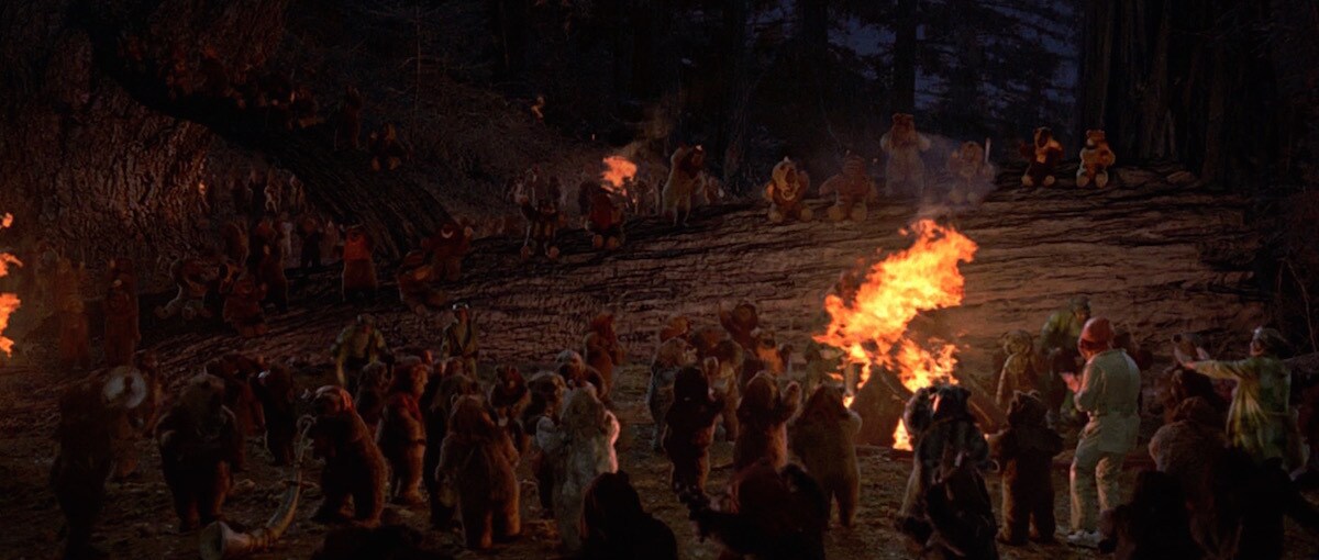 The Ewoks and Rebels celebrate their victory