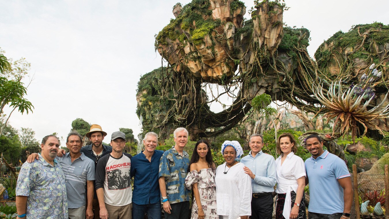 From left to right, producer Jon Landau, actors Wes Studi, Joel David Moore, Sam Worthington, Stephen Lang, director James Cameron, actors Zoe Saldana, CCH Pounder, executive chairman and chairman of the board and former CEO of the Walt Disney Company Bob Iger, actors Sigourney Weaver and Laz Alonso