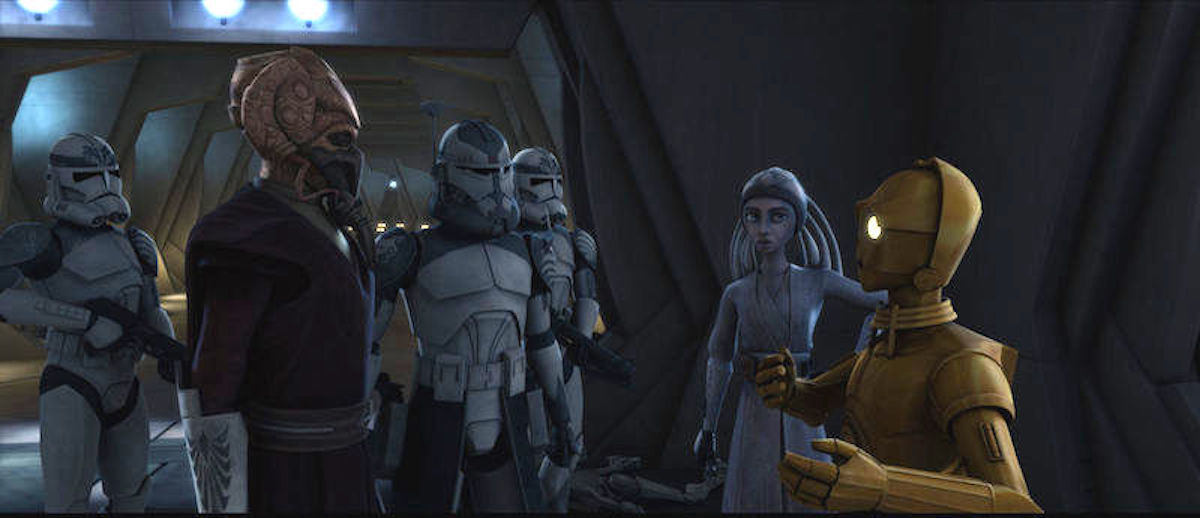 Commander Wolffe and the 104th Battalion standing with Plo Koon, Adi Gallia, and C-3PO