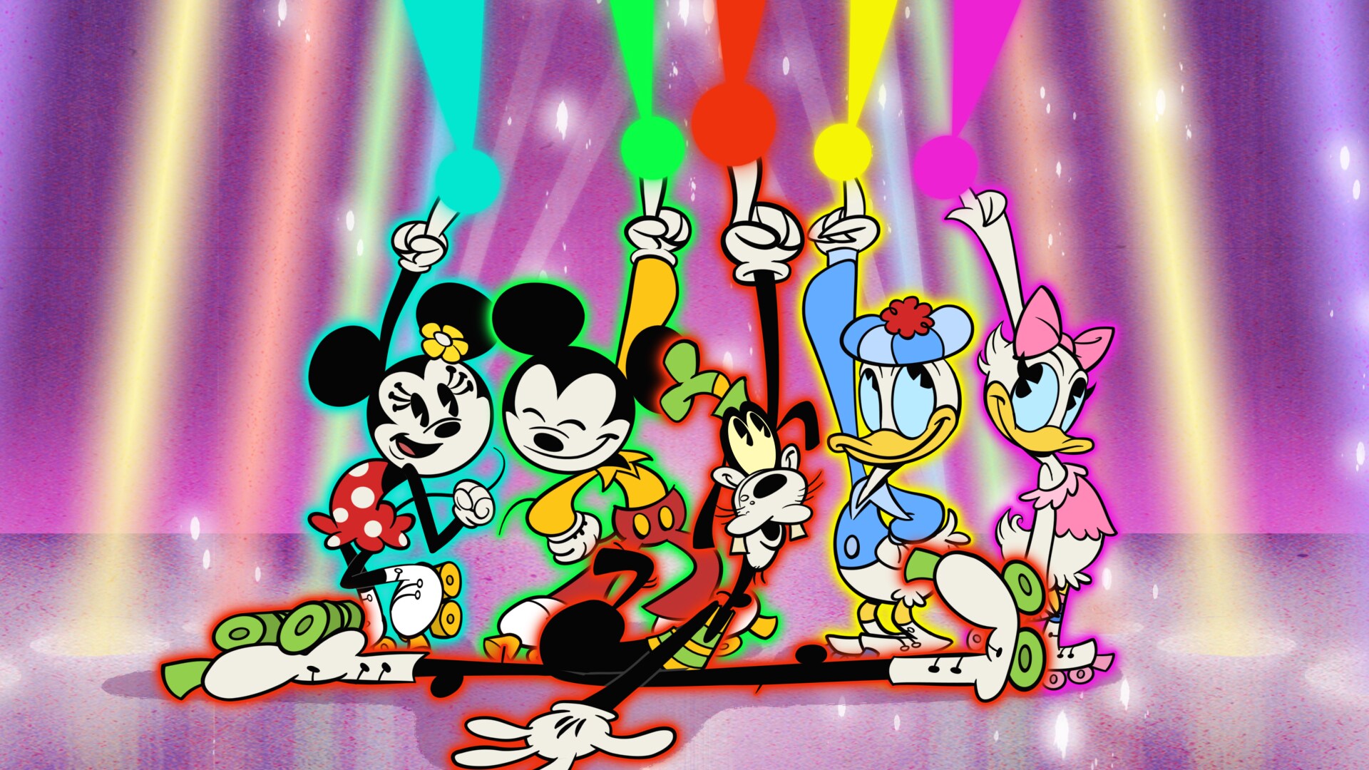 THE WONDERFUL WORLD OF MICKEY MOUSE - "Starlight Nights" - Mickey and his friends' disco night at the roller rink is placed in peril when Peg-Leg Pete and his gang crash the party and ruin the fun. (Disney+) MINNIE MOUSE, MICKEY MOUSE, GOOFY, DONALD DUCK, DAISY DUCK