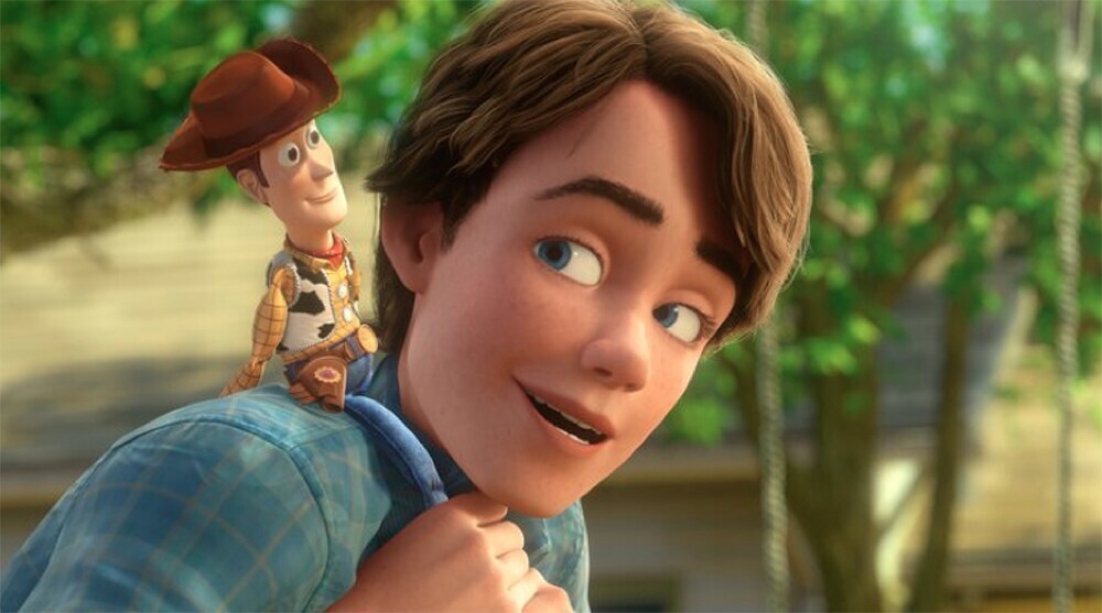 Woody sitting on Andy's shoulder in the animated movie "Toy Story 2"