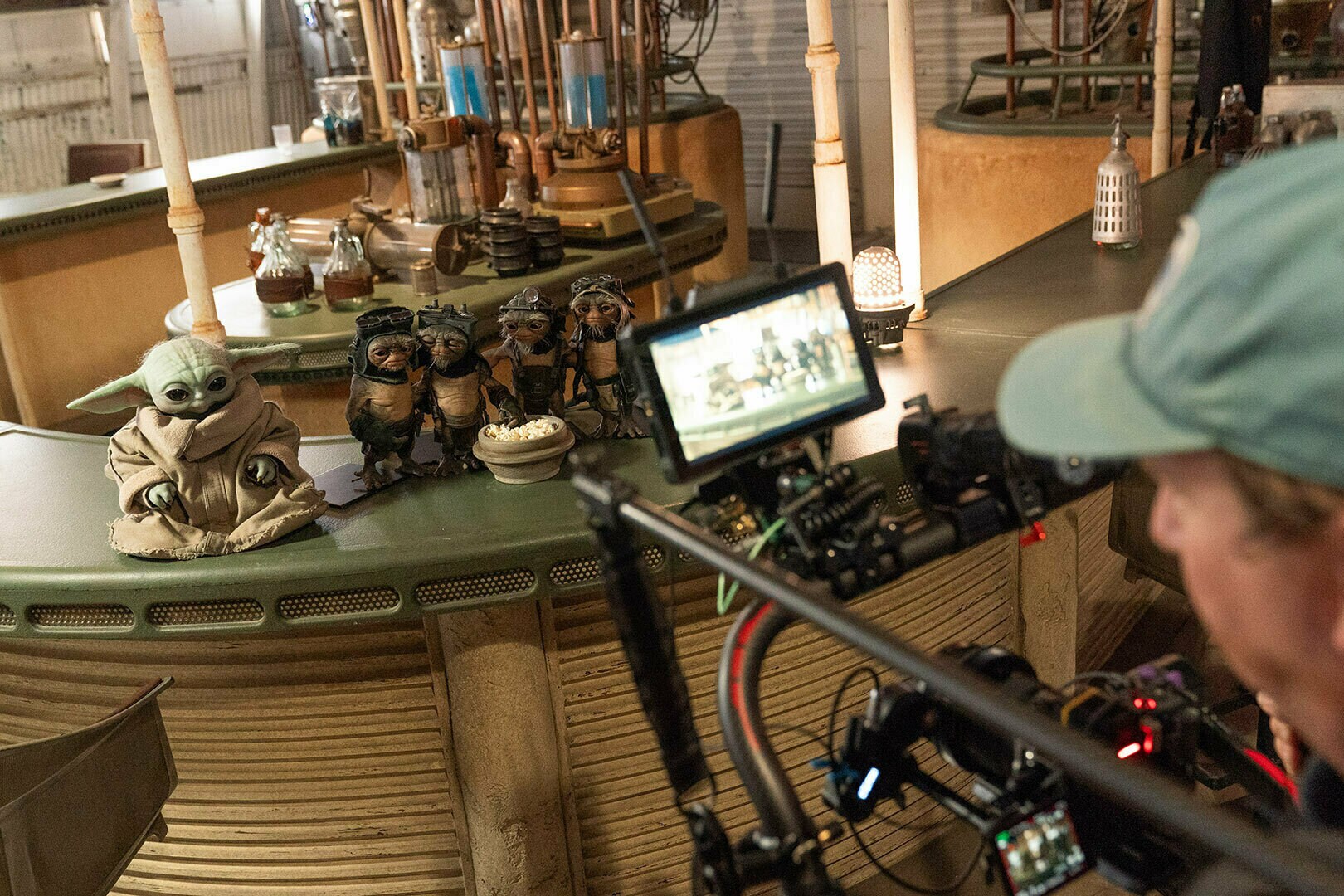 Grogu and the Anzellan puppets on the set of Star Wars: The Mandalorian and Grogu.