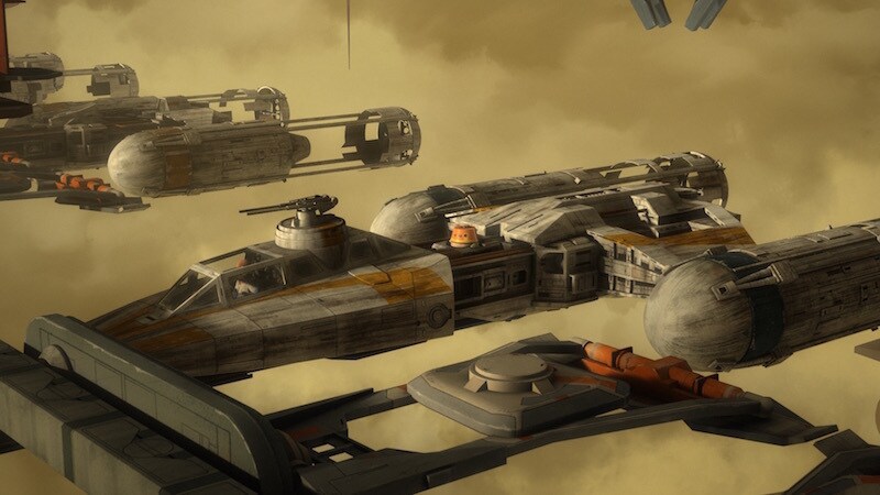 Chopper sitting in a Republic Y wing at Reklam Station