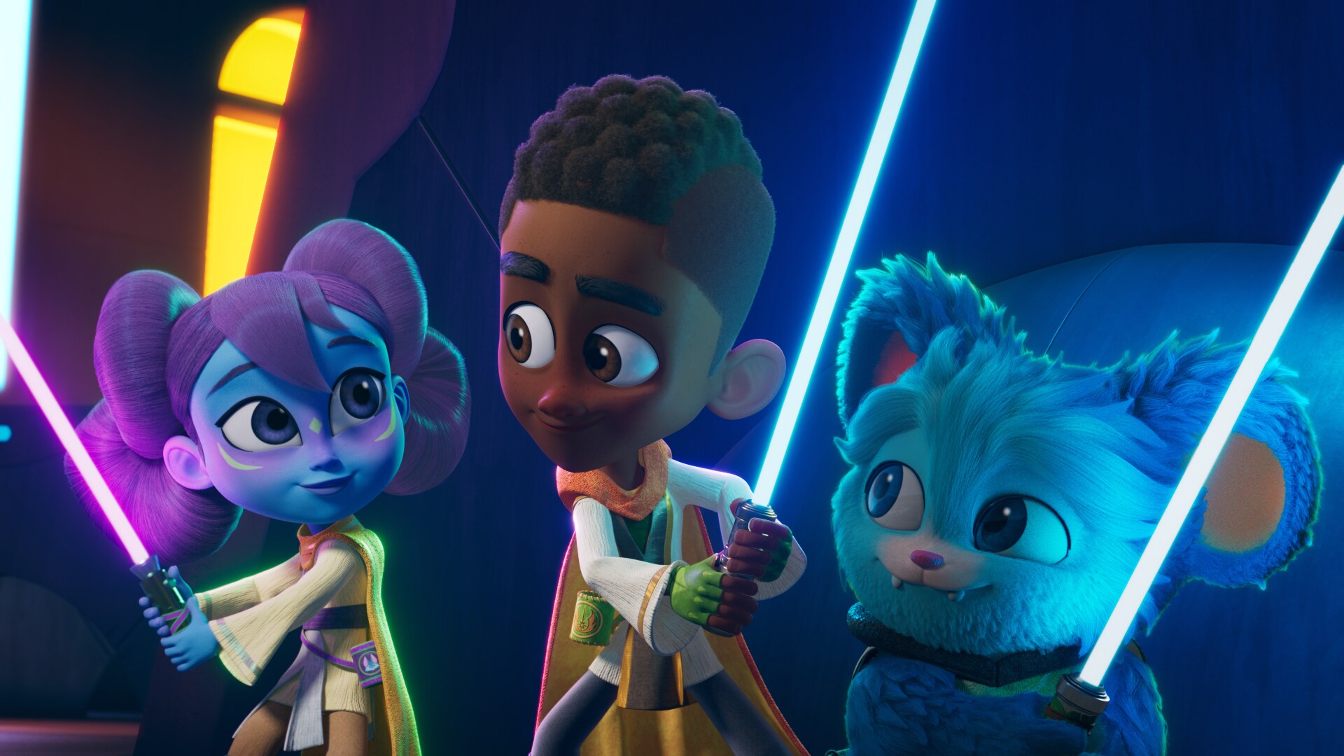 (L-R): Jedi Younglings: Lys Solay (voiced by Juliet Donenfeld), Kai Brightstar (voiced by Jamaal Avery Jr.) and Nubs (voiced by Dee Bradley Baker) in a scene during a training sequence from "STAR WARS: YOUNG JEDI ADVENTURES" exclusively on Disney+ and Disney Junior. ©2023 Lucasfilm Ltd. & TM. All Rights Reserved.