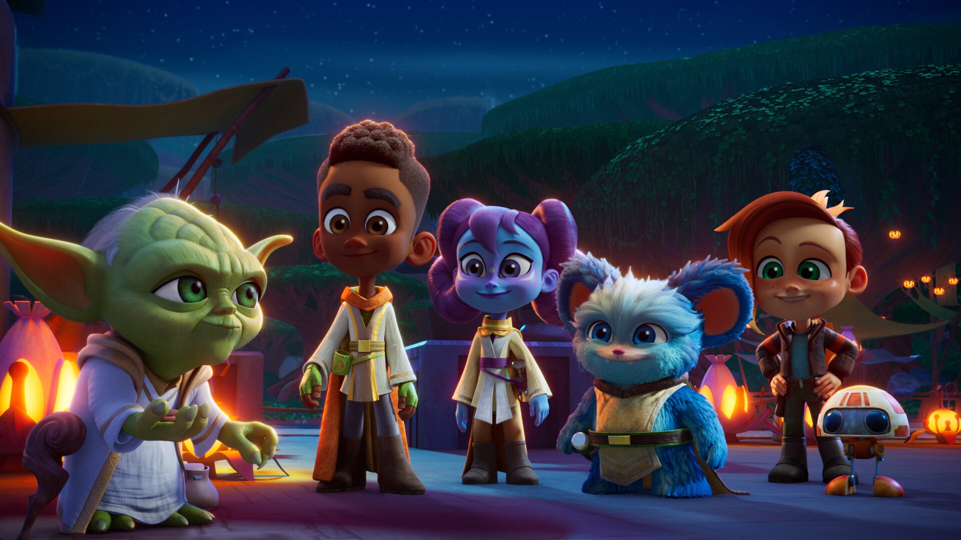 (L-R): Master Yoda (voiced by Piotr Michael) with Jedi Younglings, Kai Brightstar (voiced by Jamaal Avery Jr.), Lys Solay (voiced by Juliet Donenfeld) and Nubs (voiced by Dee Bradley Baker) and their friends Nash Durango (voiced by Emma Berman), and RJ-83 (voiced by Jonathan Lipow) on planet Tenoo, in a scene from "STAR WARS: YOUNG JEDI ADVENTURES" exclusively on Disney+ and Disney Junior. ©2023 Lucasfilm Ltd. & TM. All Rights Reserved.