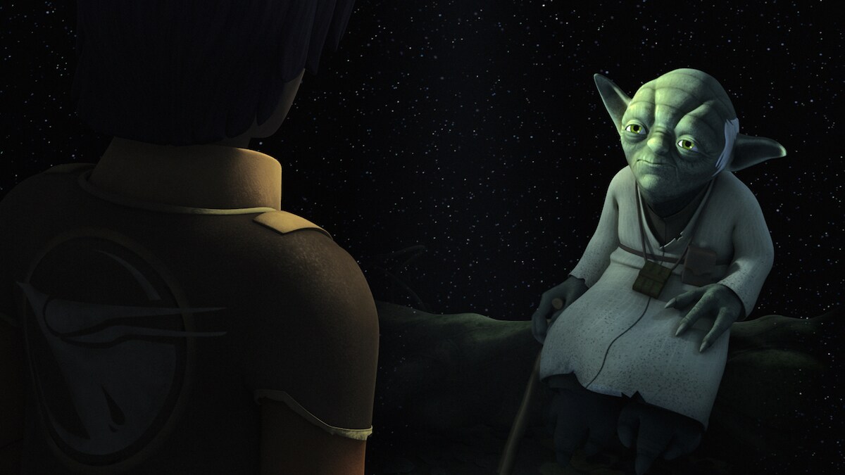 Yoda appearing to Ezra Bridger through the Force