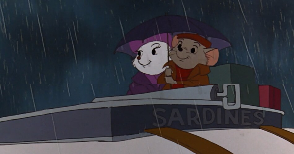 Two mice (Bernard and Miss Bianca) in the rain under an umbrella in the movie "The Rescuers"
