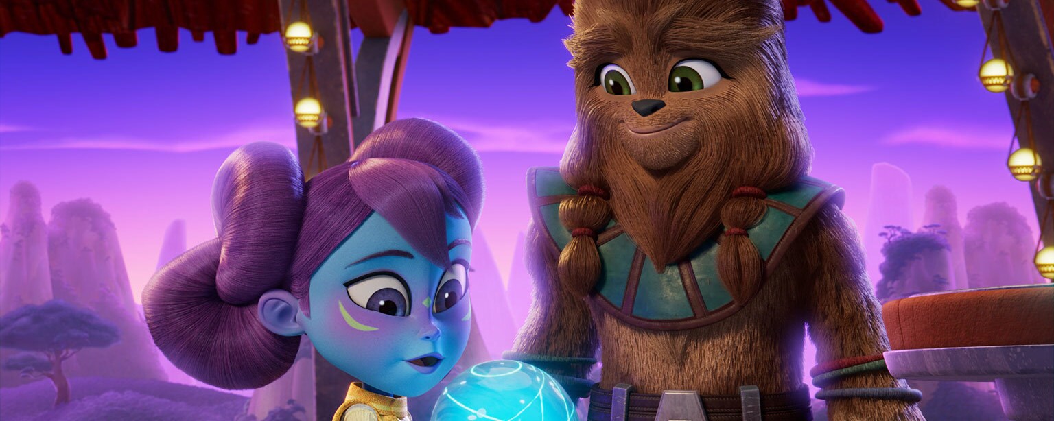 In a scene from Star Wars: Young Jedi Adventures, Lys talks with a Wookiee on Kashyyyk