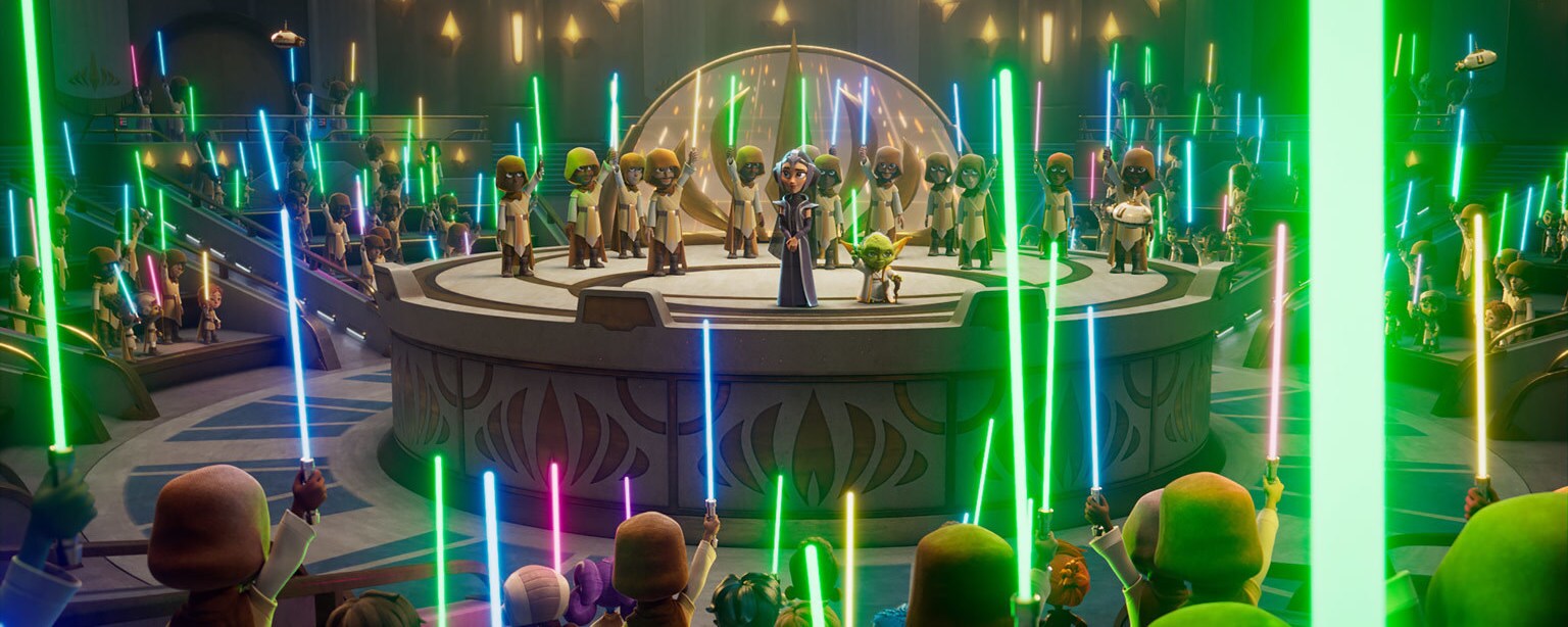 Jedi raise their lightsabers in Star Wars: Young Jedi Adventures.