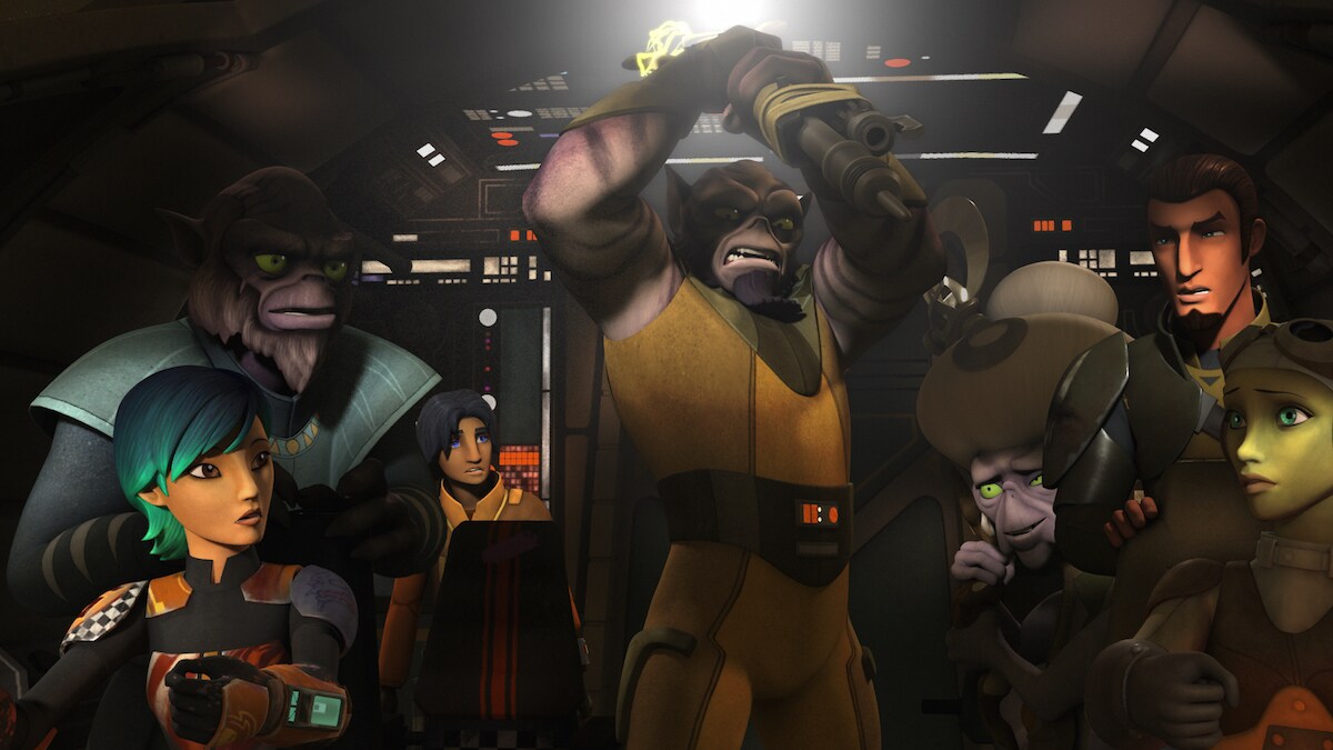 Zeb Orrelios wielding his bo-rifle in the cockpit of the Ghost