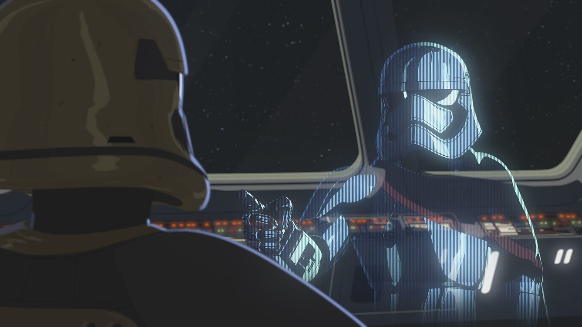 Agent Tierny and Commander Pyre of the First Order speak with Captain Phasma over holo. They brie...